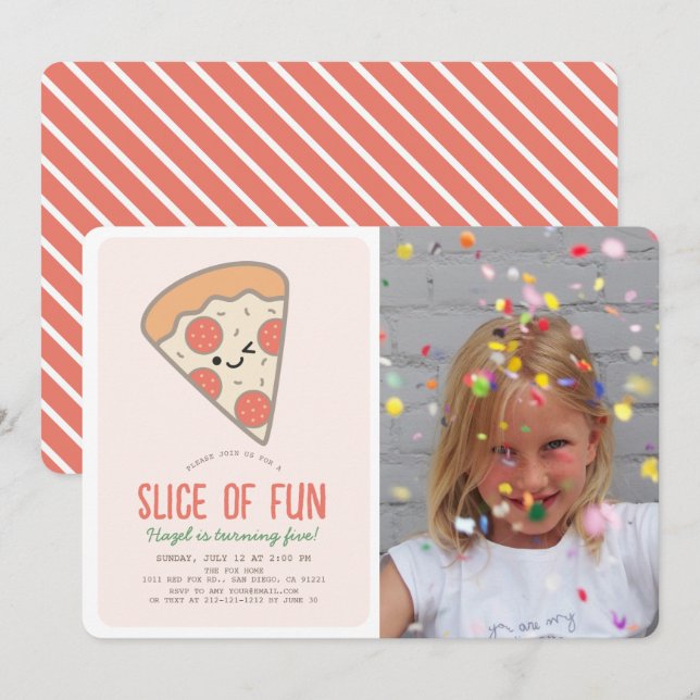 Invitation Pizza Pizza Kawaii Pink Photo Girl Anniversaire (Devant / Derrière)