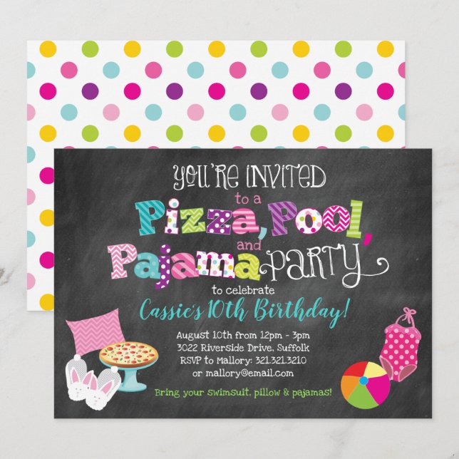 Invitation Pizza, Pool et Pajama Party (Devant / Derrière)