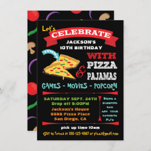 Invitation Pizza & Pyjamas en tableau noir