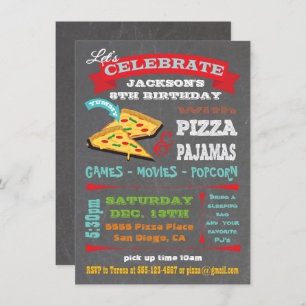 Invitation Pizza & Pyjamas en tableau noir