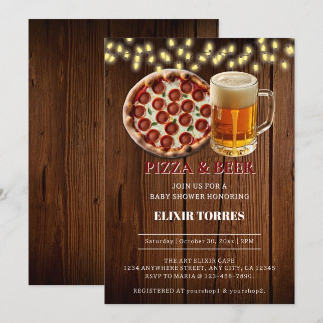 Invitation Pizza rustique & Baby shower de bière (Devant / Derrière)