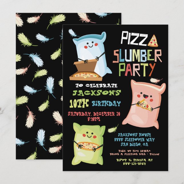 Invitation Pizza Sleepover Fête d'anniversaire de bois d'oeuv (Devant / Derrière)