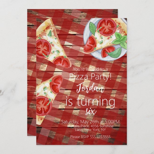 Invitation Pizza Slices rustique Script de fête d'anniversair (Devant / Derrière)