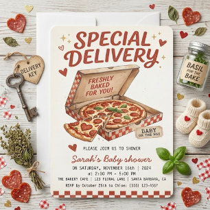 Invitation Pizza Spéciale Livraison pour Baby Shower Fraîchem