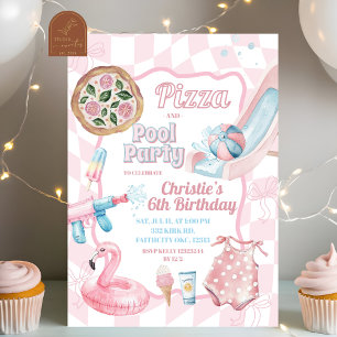 Invitation Pizza Super Piscine et Piscine Pink Pastel Anniver