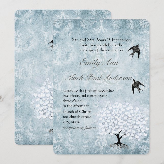 Invitation Placid Blue Damask Coeur Leaf Aqua Tree (Devant / Derrière)