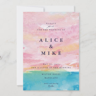 Invitation Plage Abstraite Pink & Blue Aquarelle Arrière - pl