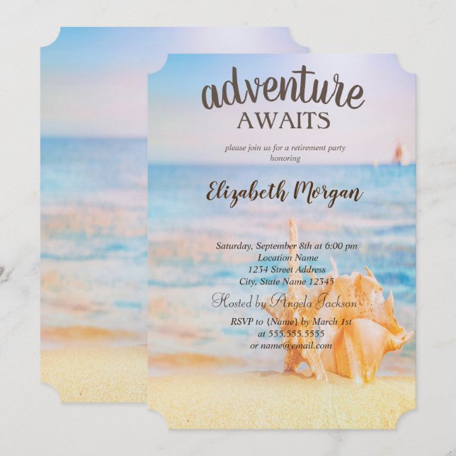 Invitation Plage adorable, Sable, Seashells Retraite (Devant / Derrière)
