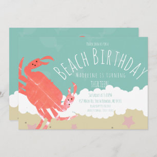Invitation Plage Anniversaire Crabe Sable Océan Vagues Invita