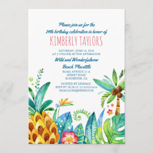 Invitation Plage Anniversaire Fête Tropical Ananas Palms