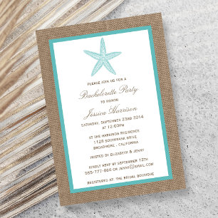 Invitation Plage aux Étoiles de Mer Turquoise Toile de Jute E