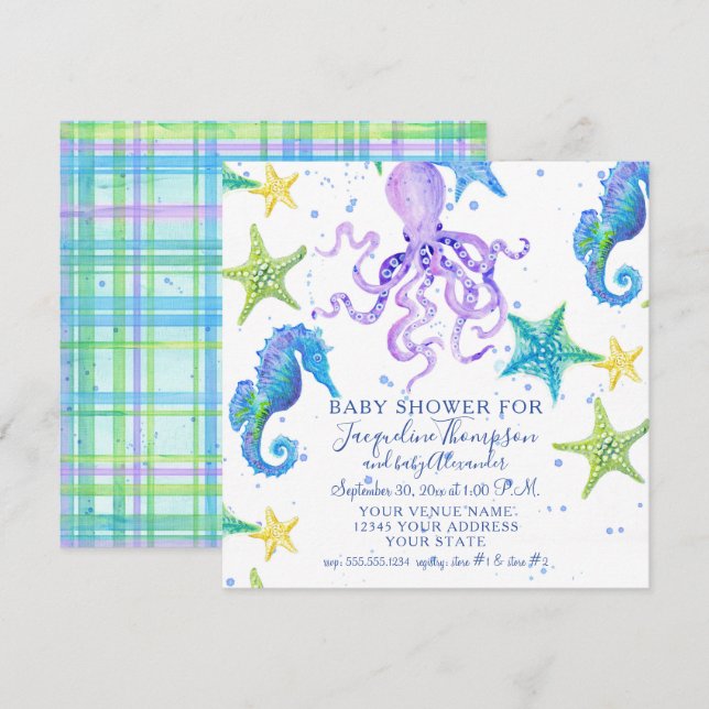 Invitation Plage baby shower Starfish Octopus Seahorse Plaid (Devant / Derrière)