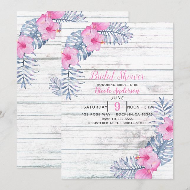 Invitation Plage Blanc Bois Tropical Hibiscus Fleurs Florales (Devant / Derrière)