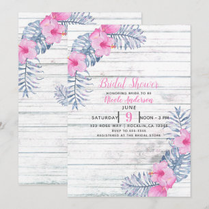 Invitation Plage Blanc Bois Tropical Hibiscus Fleurs Florales