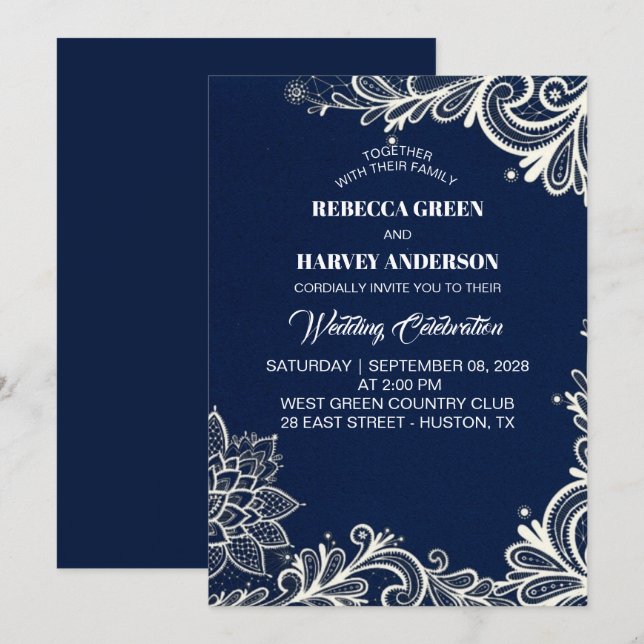Invitation plage blanche dentelle marine bleu marine mariage  (Devant / Derrière)