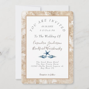 Invitation Plage Blue Seashell Aquarelle or Sand Mariage