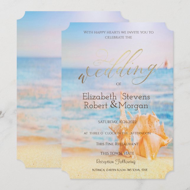 Invitation Plage, Bord de mer, Coquillage (Devant / Derrière)