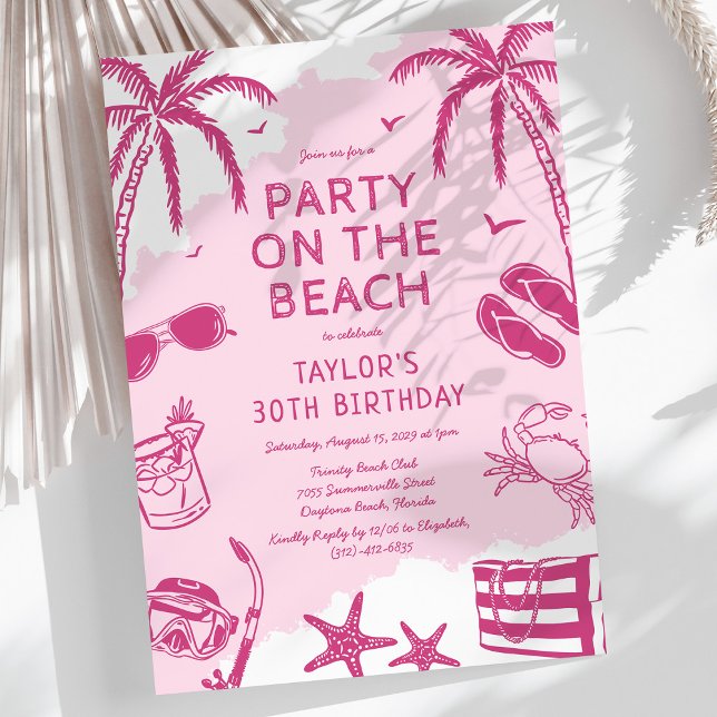 Invitation Plage côtière Doodle rose fête d'anniversaire (Créateur téléchargé)