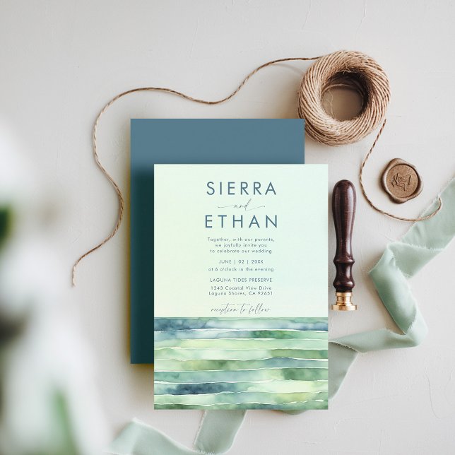 Invitation Plage côtière Piscine à marée Mer Mariage moderne (coastal wedding invitation rocky beach tide pool sea sage green navy stripes elegant modern romantic)