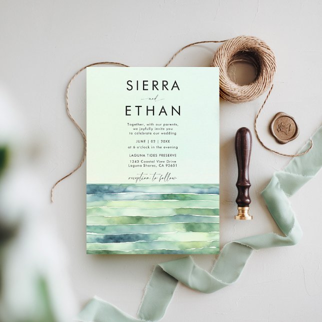 Invitation Plage côtière Piscine de marée Sea Green Stripes M (coastal wedding invitation rocky beach tide pool sea sage green stripes elegant modern romantic)