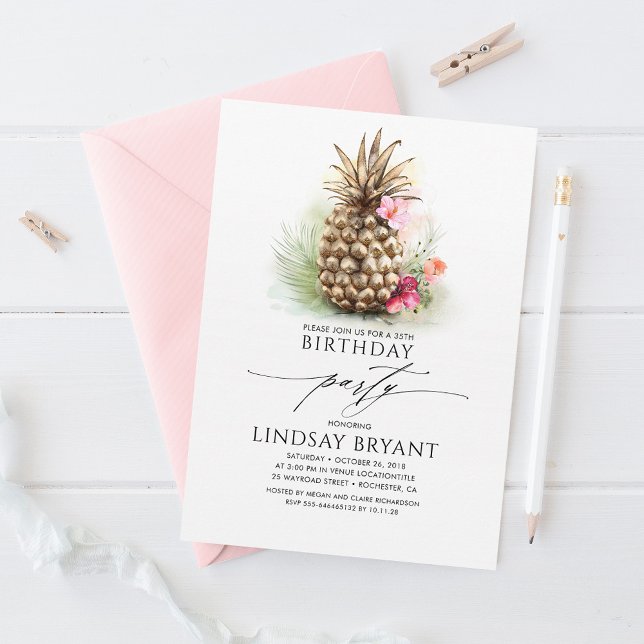 Invitation Plage d'ananas Tropical Gold Floral Anniversaire (Créateur téléchargé)