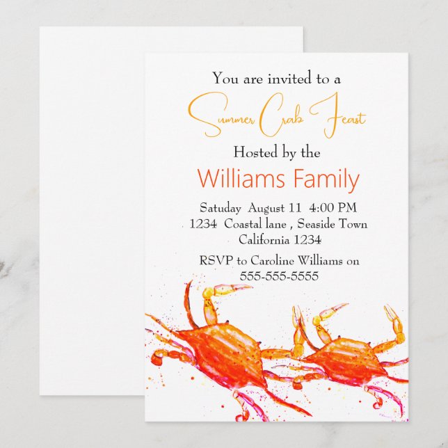 Invitation Plage de crabe Côtier Nautique Fruits de mer Bouil (Devant / Derrière)