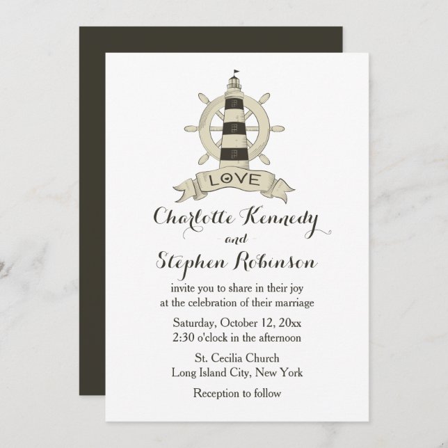 Invitation Plage de Mariage de  de roue Brown Nautical Lighth (Devant / Derrière)