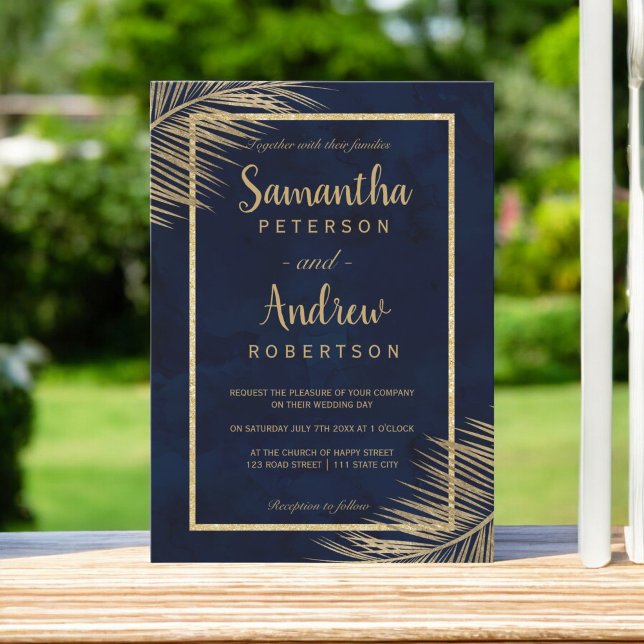 Invitation Plage de palmier d'or tropical bleu marine mariage (Tropical gold palm tree beach navy blue wedding 2 invitation)