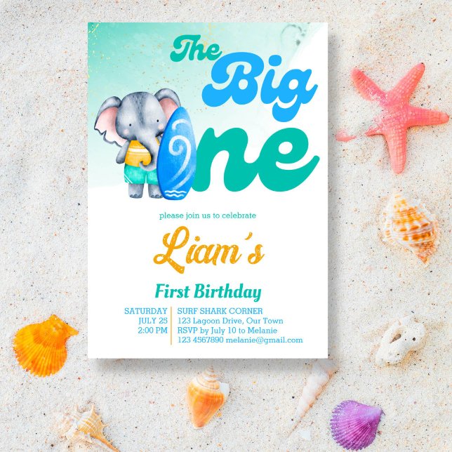 Invitation Plage de surf océan tropical d'été anniversaire (The big one retro surfing cute baby elephant first birthday invitation template)