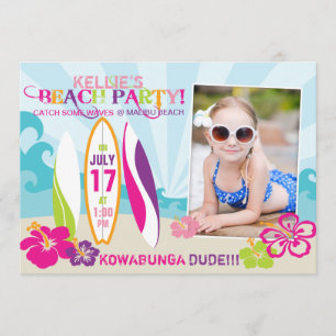 Invitation Plage de surfer Babe and Surf Boards Anniversaire