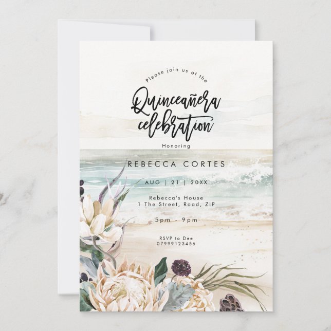 Invitation plage florales Quinceanera 15e anniversaire Invita (Devant)