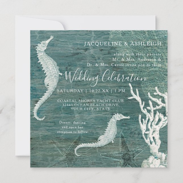 Invitation Plage Hippocampe Corail Turquoise Bleu Blanc Bois  (Devant)
