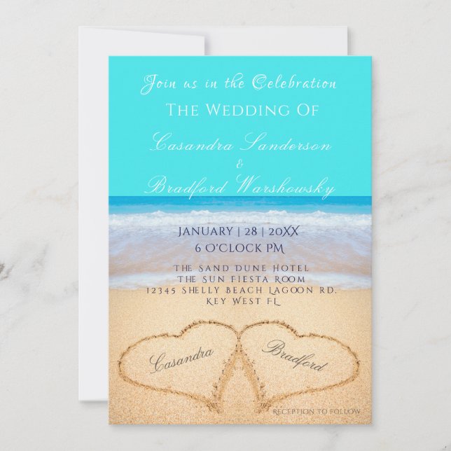 Invitation Plage Mariage 2 Coeurs Sable Turquoise bleu (Devant)