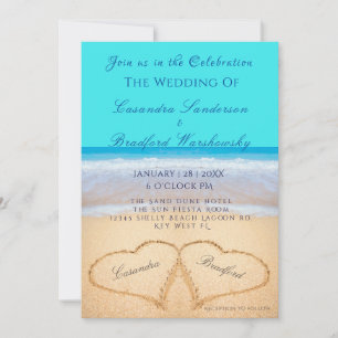 Invitation Plage Mariage 2 Coeurs Sable Turquoise Bleu Invita