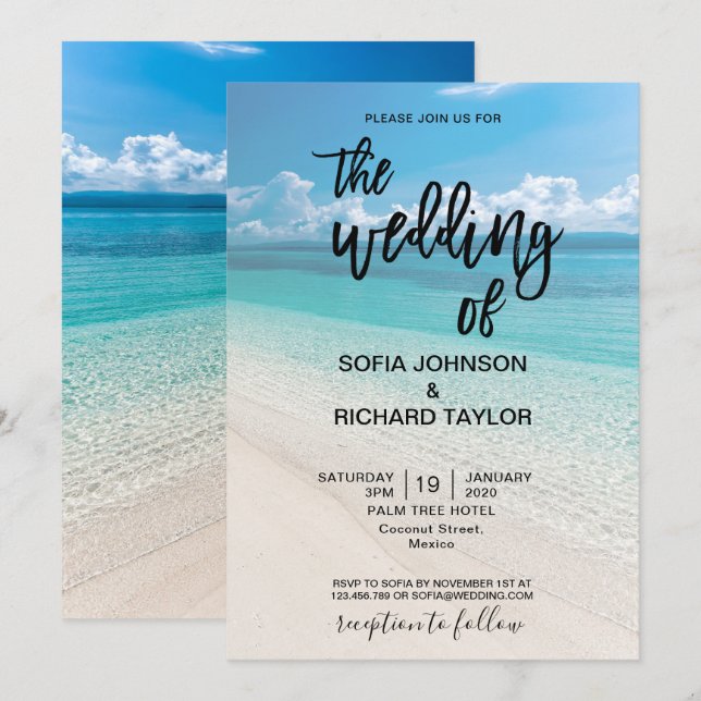 Invitation plage mariage destination tropicale été mer invi (Devant / Derrière)