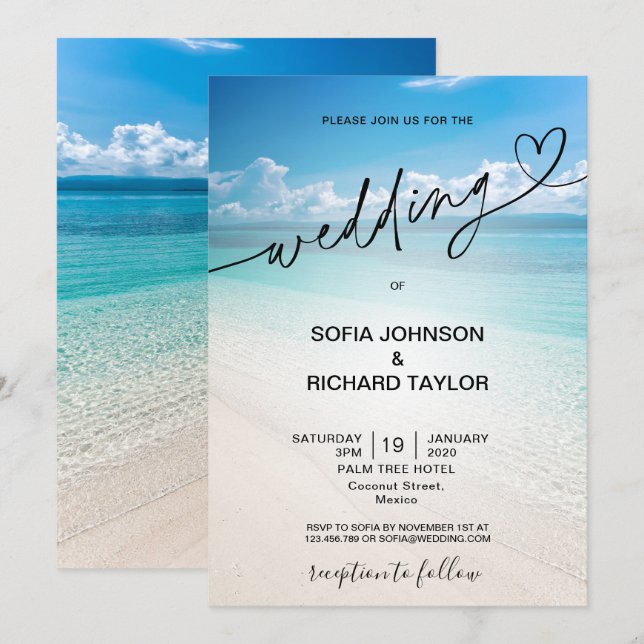 Invitation plage mariage destination tropicale été mer invi (Devant / Derrière)