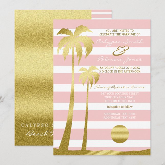 Invitation Plage Mariage Parties scintillant or Palmiers Arbr (Devant / Derrière)