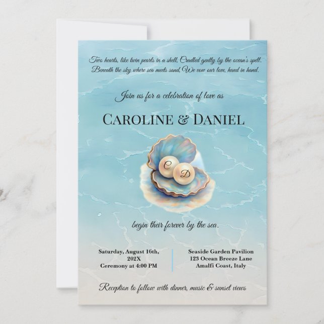 Invitation Plage Mariage Pearls Shell Elégant thème Océan (Devant)