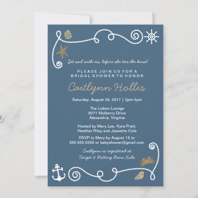 Invitation Plage nautique Bleu et or Bride ou Baby shower (Devant)