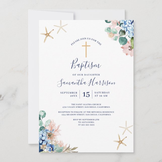 Invitation Plage Nautique Floral Baby Girl Baptism (Devant)