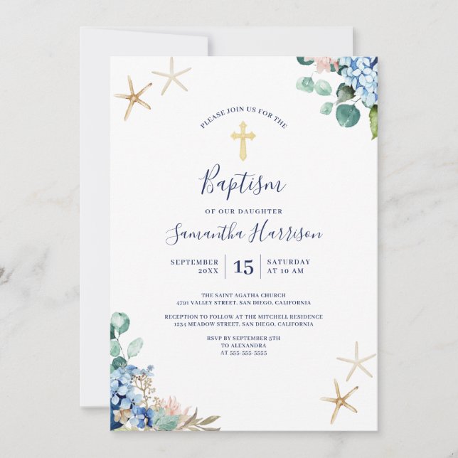 Invitation Plage Nautique Floral Genre Baptême neutre (Devant)