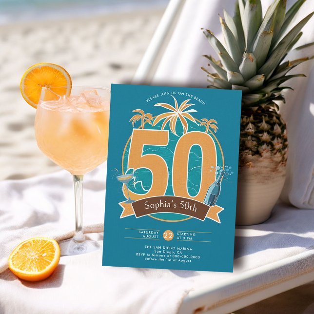 Invitation Plage nautique Océan Bleu tropical 50e anniversair (nautical birthday invitation 50th for her women tropical modern sleek elegant classy blue orange)