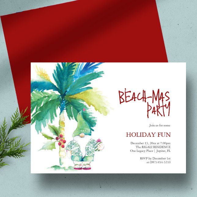 Invitation Plage Noël Fête Aquarelle Palmier Père Noël (A Beach-mas party invitation for Unique Christmas traditions watercolor art by Victoria Grigaliunas)
