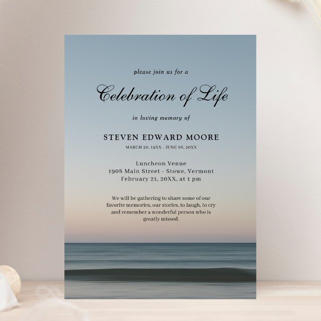 Invitation Plage Océan Eau Célébration de la vie Gris Bleu da (Ocean Celebration of Life Invitation)