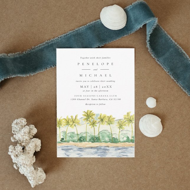 Invitation Plage Palm Trees Tropical Watercolor Mariage (Beach Palm Trees Tropical Watercolor Wedding Invitation)