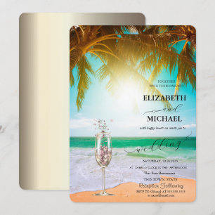 Invitation Plage,Palmiers,Soleil,Lumières Guirlandes,Mariage