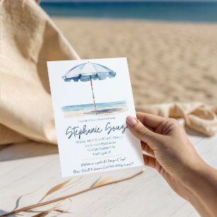 Invitation Plage, Parasol Bleu et Blanc, Réception de Mariage