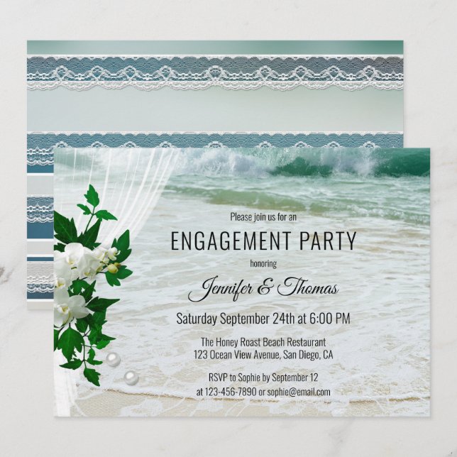 Invitation Plage pétillante Fiançailles Floral frais (Devant / Derrière)