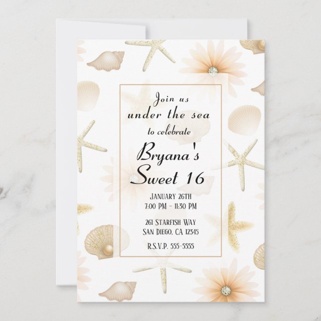 Invitation Plage Poche Coquillages & Fleurs Moderne Sweet 16 (Devant)