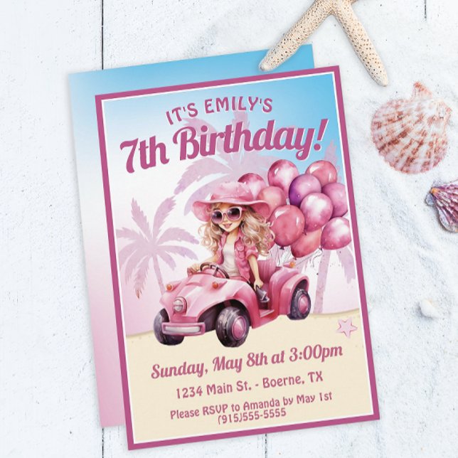 Invitation Plage rose convertible Anniversaire (A fun birthday invitation for a special girl's beach birthday party.)